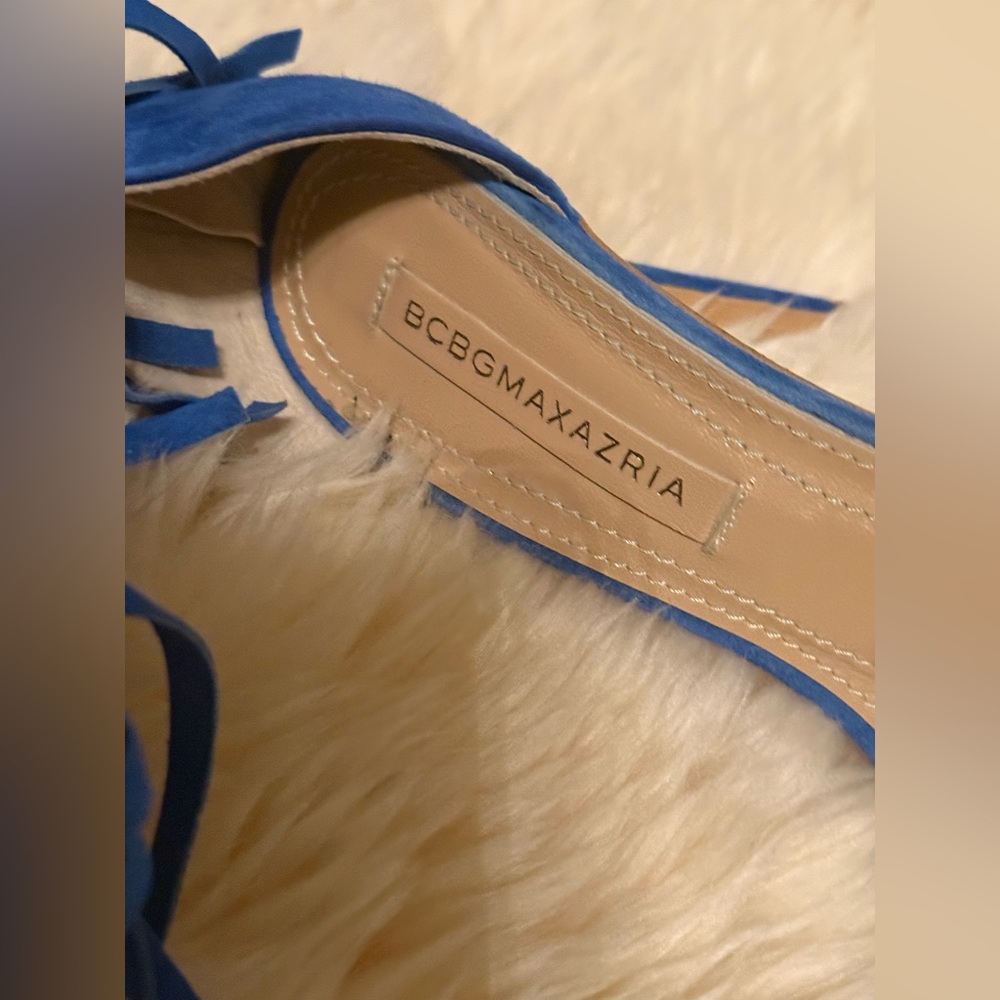 BCBGMaxAzria Blue Suede Fringe Ankle-Strap Heels - Picture 2 of 7